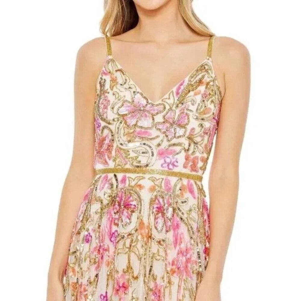 Mac Duggal 5671 V Neck Floral Embellished Evening Gown Maxi US 16 NWT Oyster - Picture 4 of 8